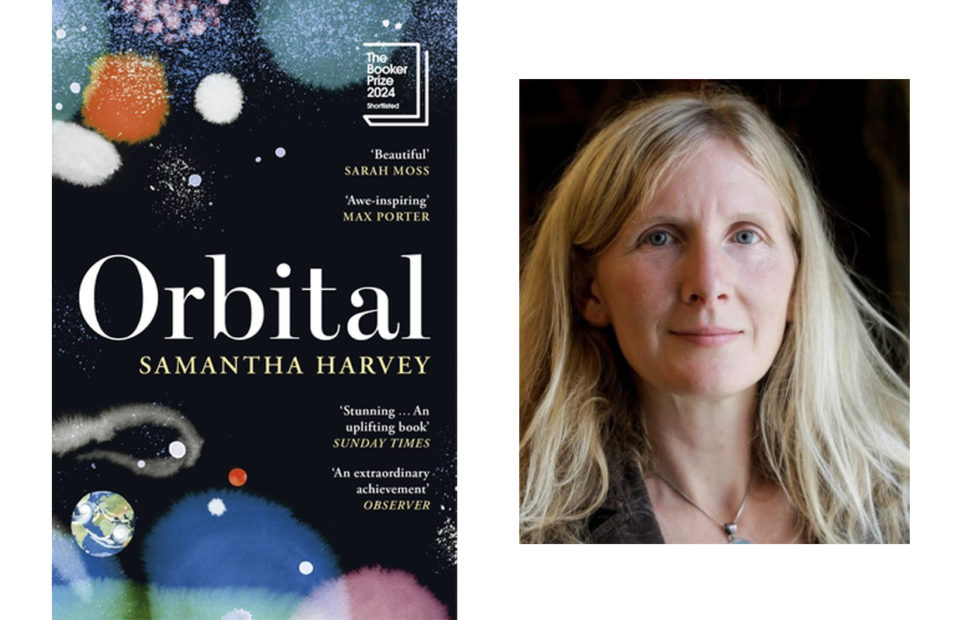 Samantha Harvey and the cover of her Booker short-listed novel "Orbital".
