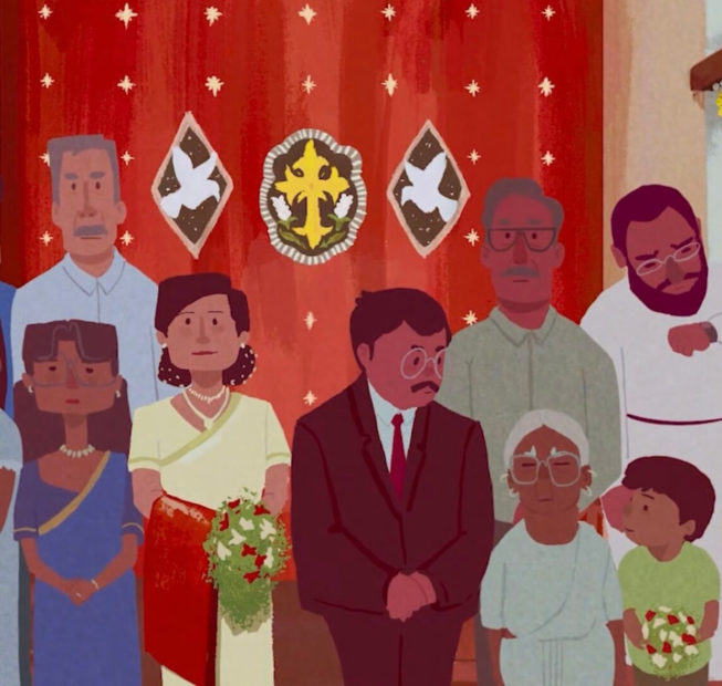 A family portrait of a South Indian family taken from the short film The Man Who Loved Flowers.