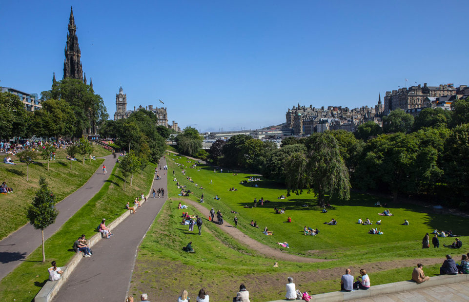 Princes Street Gardens separates the Old Town on the left from the New Town on the right. Both Old and New are UNESCO Heritage sites.
