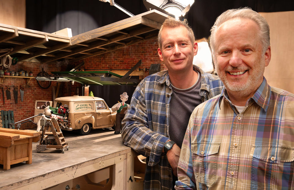 Directors Merlin Crossingham and Nick Park (right), with puppets and props.