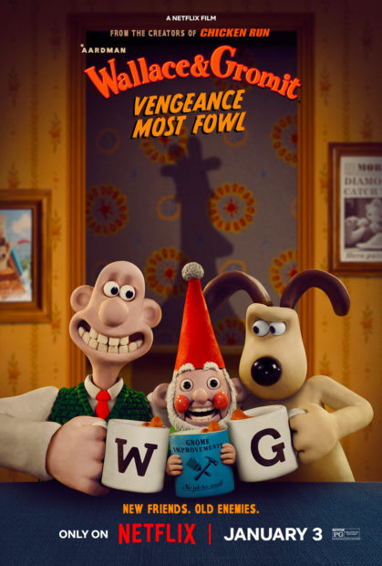 The poster for the film with Wallace and Gromit "toasting" Norbot the smart gnome with mugs of tea.
