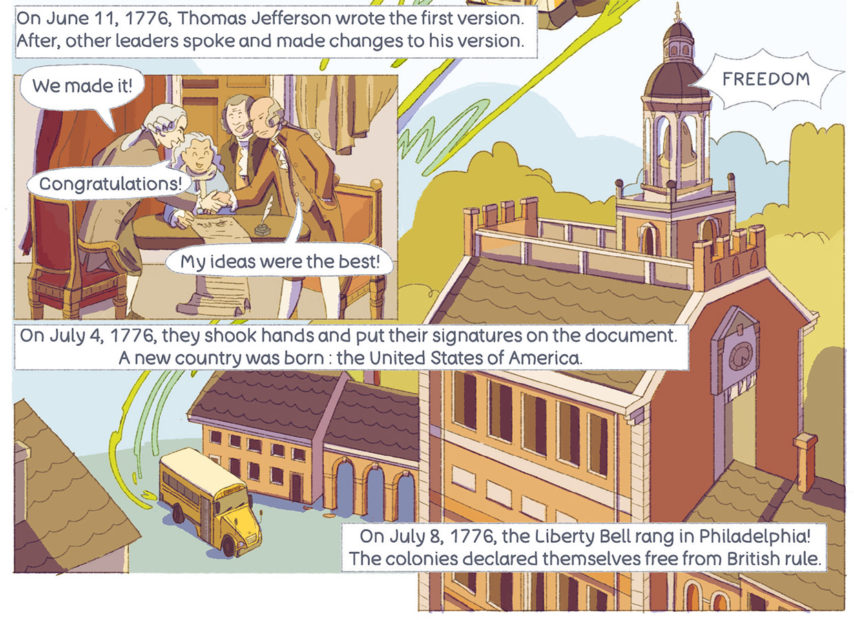 A frame from the comic strip about the writing of the Declaration of Independence.