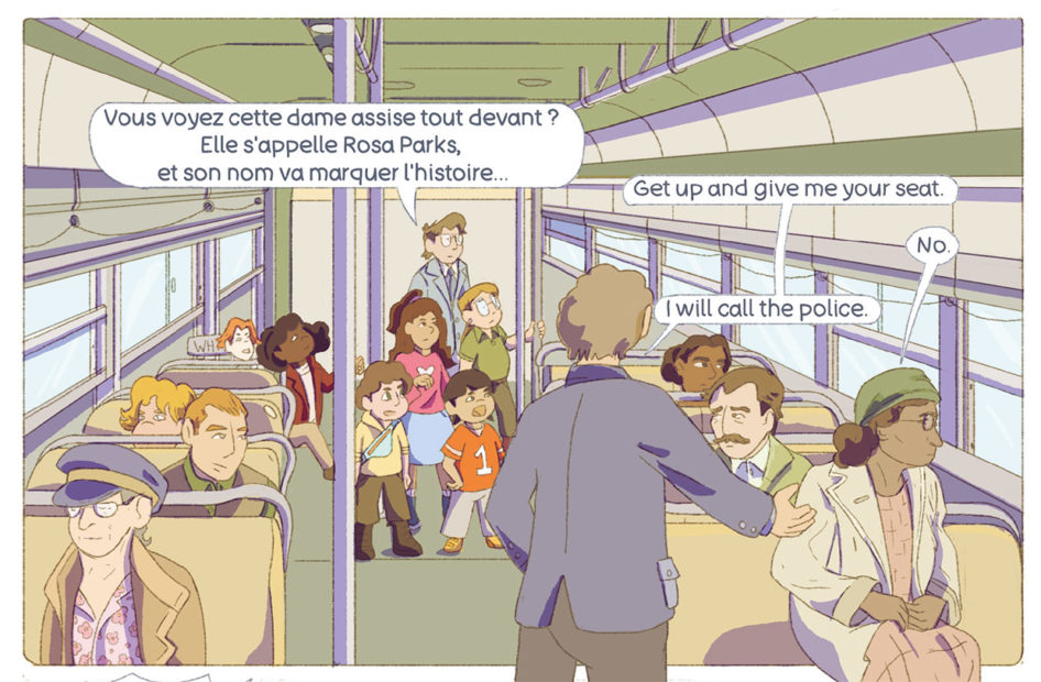 A frame from the comic strip where the pupils witness Rosa Parks being told to give up her seat on the bus.