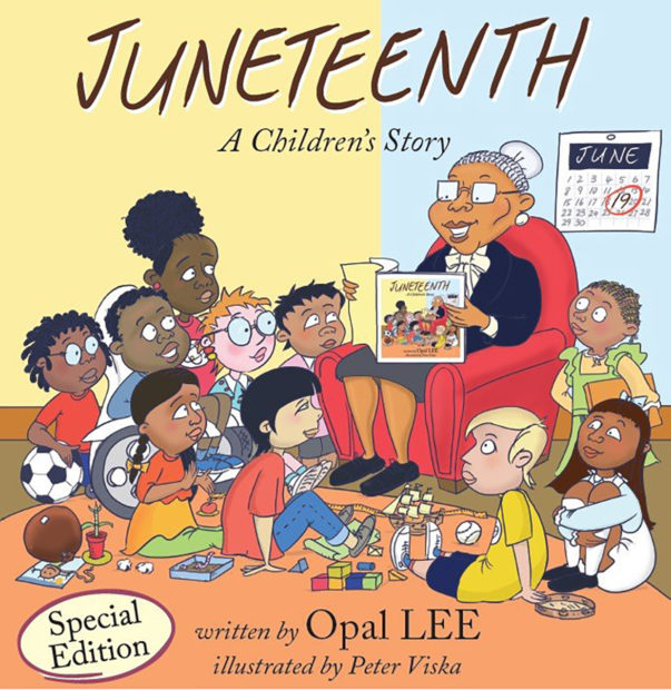 The cover of the picture book Juneteenth by Opal Lee, picturing her reading the book to a group of children.
