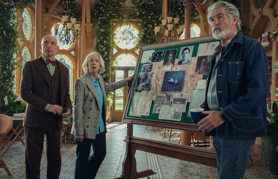 Ben Kingsley, Helen Mirren and Pierce Brosnan in "The Thursday Murder Club."