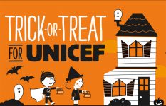 Part of a Trick or Treat for Unicef collecting box in Halloween colours of orange, black and white, depicting children in Halloween costumes approaching a house to trick or treat.