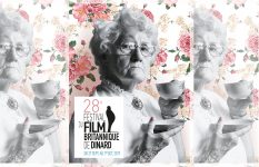 The poster for the 28th Dinard British Film Festival, with a woman drinking a cup of tea against flowery wallpaper