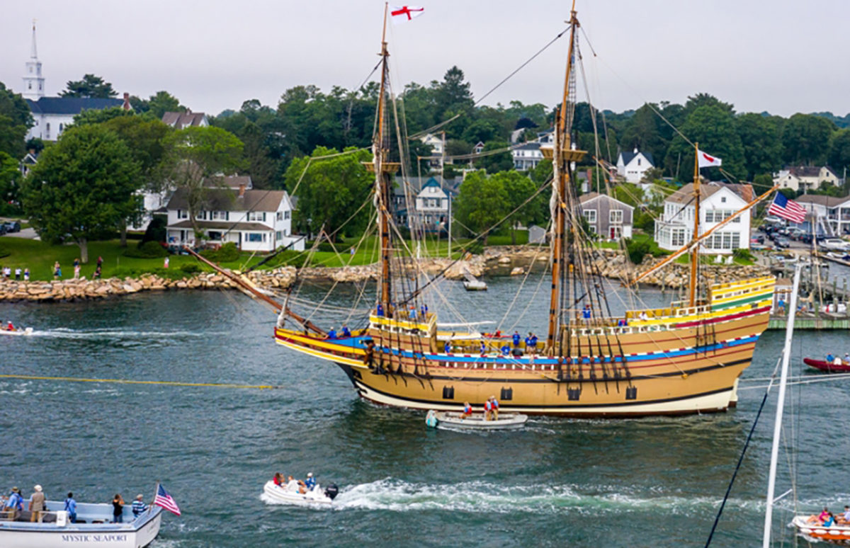 A replica of the Mayflower ship sailing