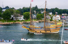 A replica of the Mayflower ship sailing