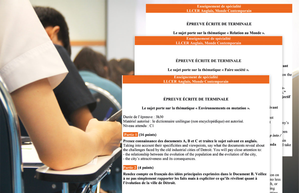 Des élèves qui passe un examen et des sujets type bac