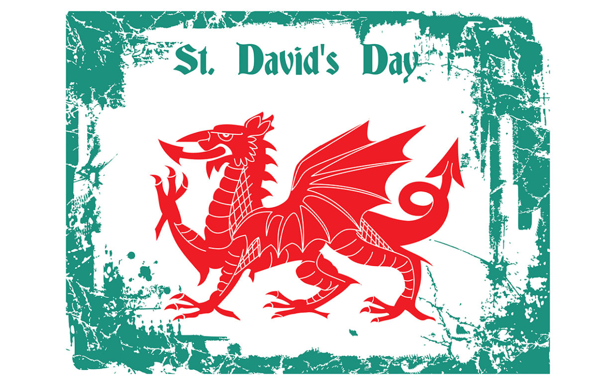 Illustration in the colours of the Welsh flag, green, white and red. A red dragon and the slogan St David's Day.