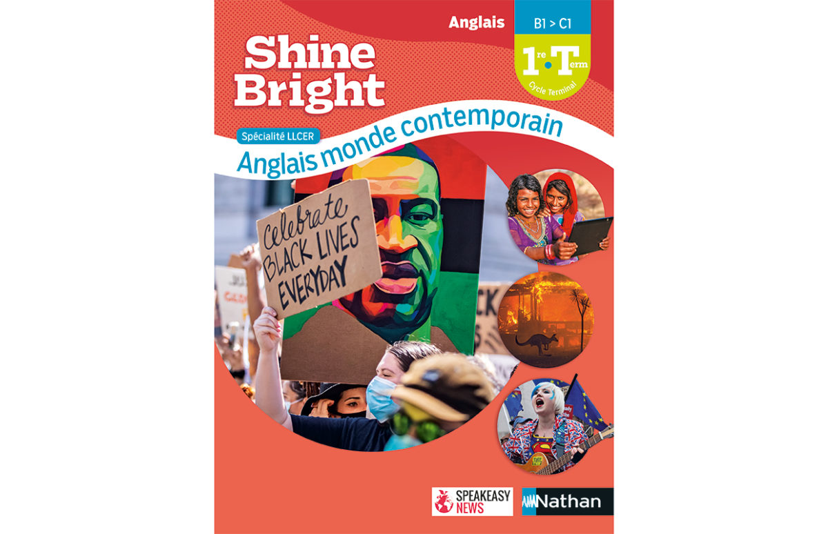 The cover of Shine Bright anglais monde contemporain with photos of a Black Lives Matter protest,, two Indian girls in saris, a kangaroo against a background of bushfires and a young woman playing a guitar at a pro-European Union rally.
