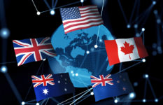 A globe surrounded by the flags of the USA, Canada, Australia, New Zealand and the UK