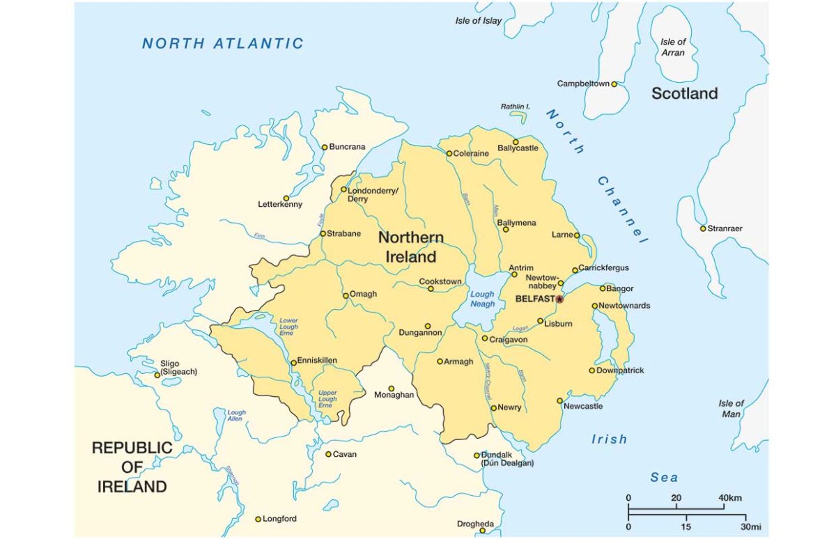 A map showing Northern Ireland in relation to the Irish Republic and the rest of the UK
