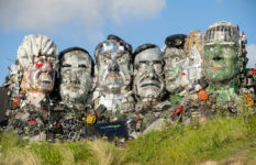 Sculpture of G7 leaders made of electronic waste. Left to right Boris Johnson, Yoshihide Suga, Emmanuel Macron, Mario Draghi, Justin Trudeau, Angela Merkel and Joe Biden