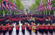 A military band parades down Horseguards Parade in London for the Trooping the Colour ceremony.