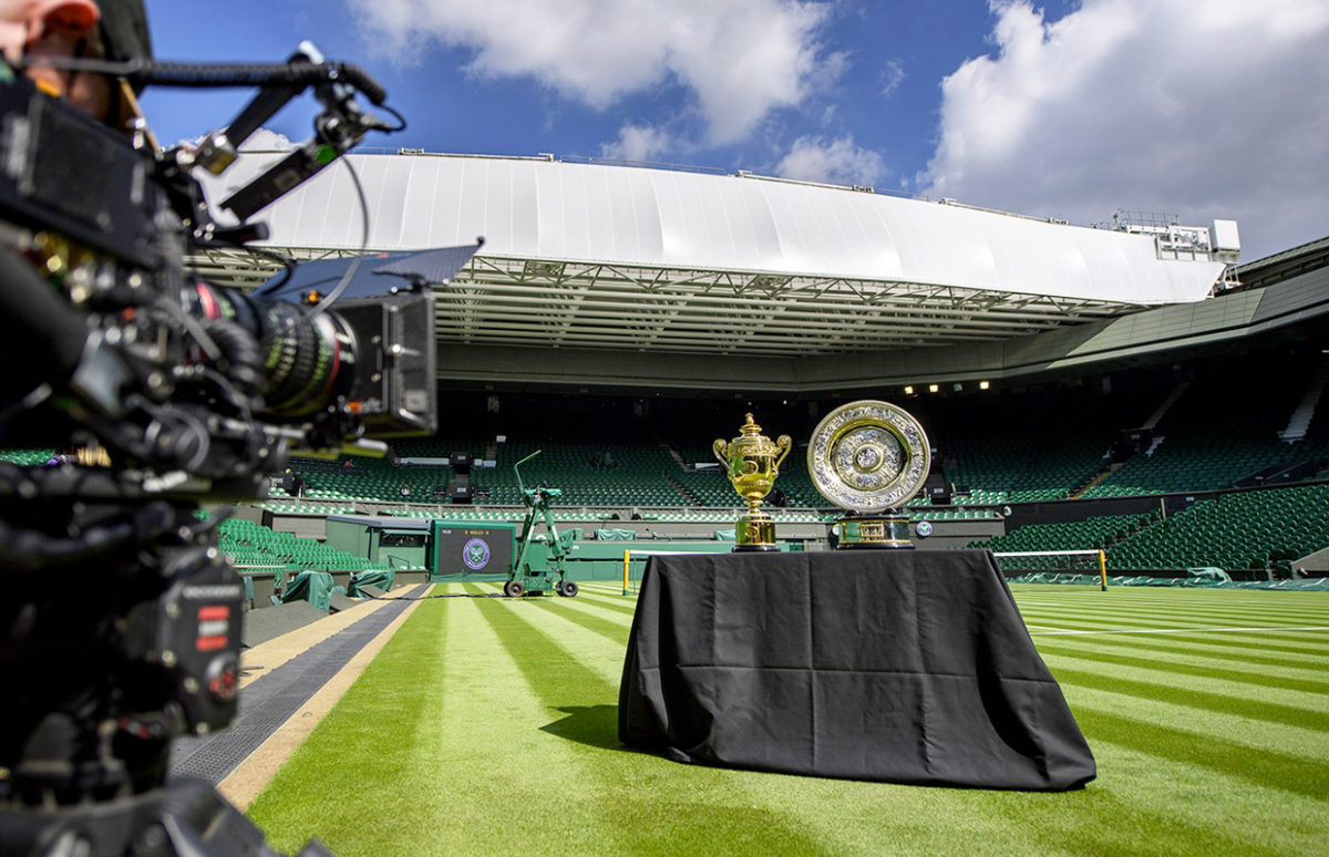 The trophies for the women's and men's singles competitions at the Wimbledon tournament, on Centre Court.