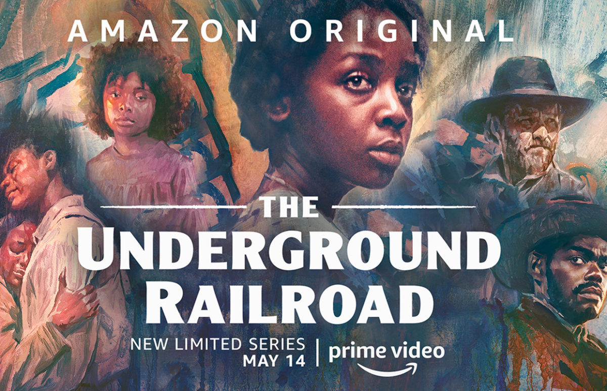 The poster for The Underground Railroad, Cora looking out centre and other scenes