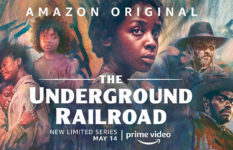 The poster for The Underground Railroad, Cora looking out centre and other scenes