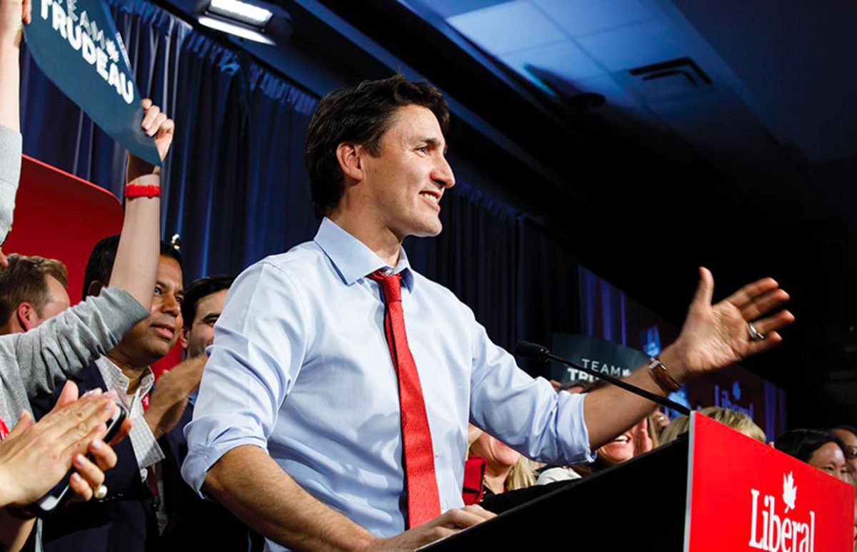 Canadian Prime Minister Justin Trudeau making a speech at a rally.