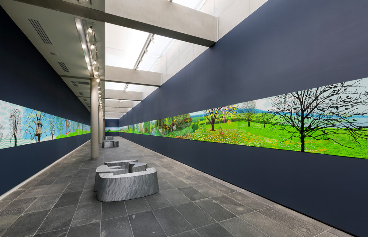 Hockney's images of the seasons displayed as long friezes on both sides of a gallery.