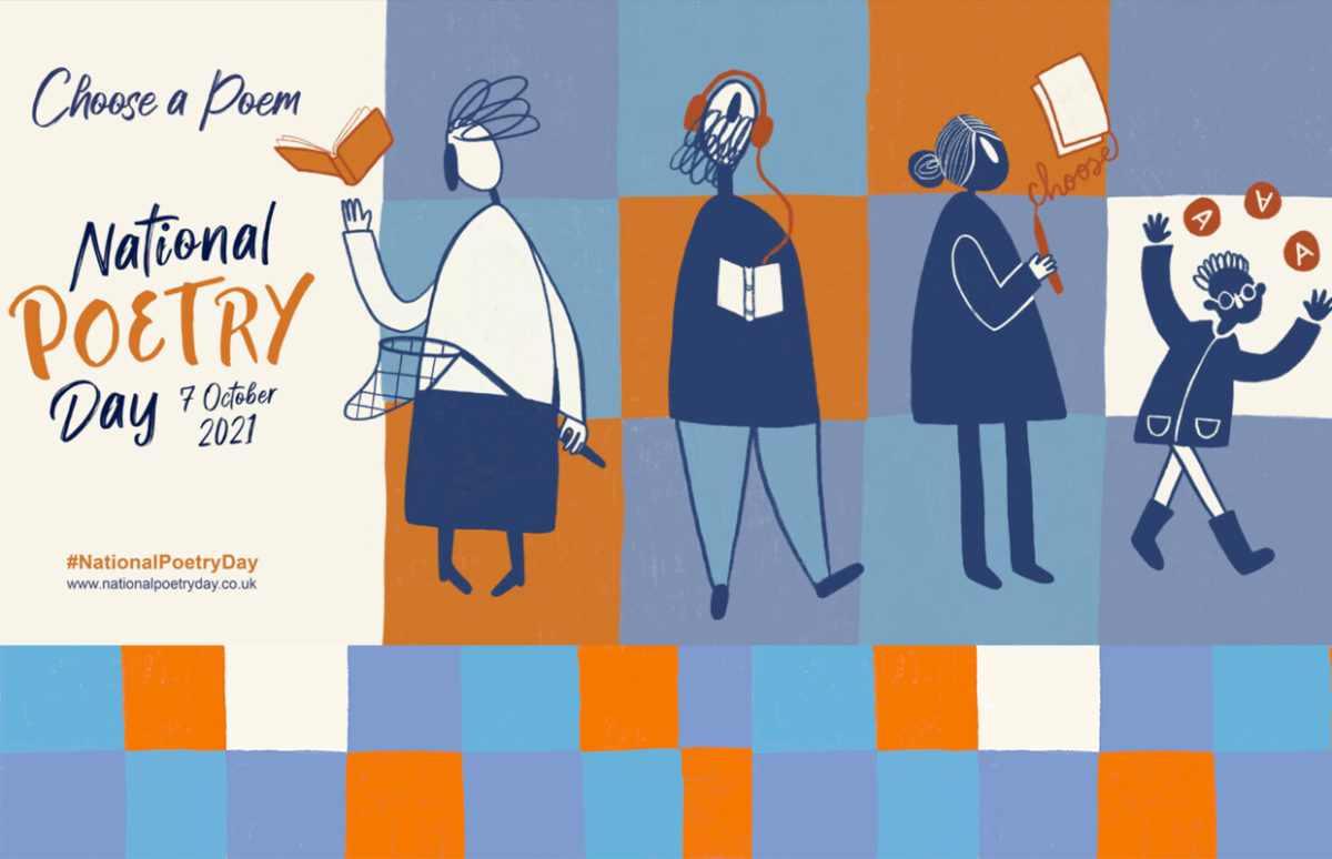 Illustrated poster featuring four people announcing National Poetry Day on 7 October 2021