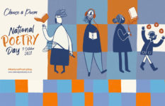 Illustrated poster featuring four people announcing National Poetry Day on 7 October 2021
