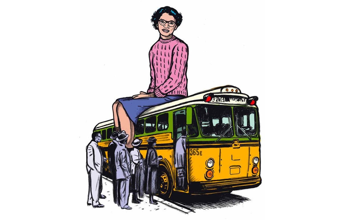 An illustrtion of Claudette Colvin sititn on top of a bus, with people queuing to get on.