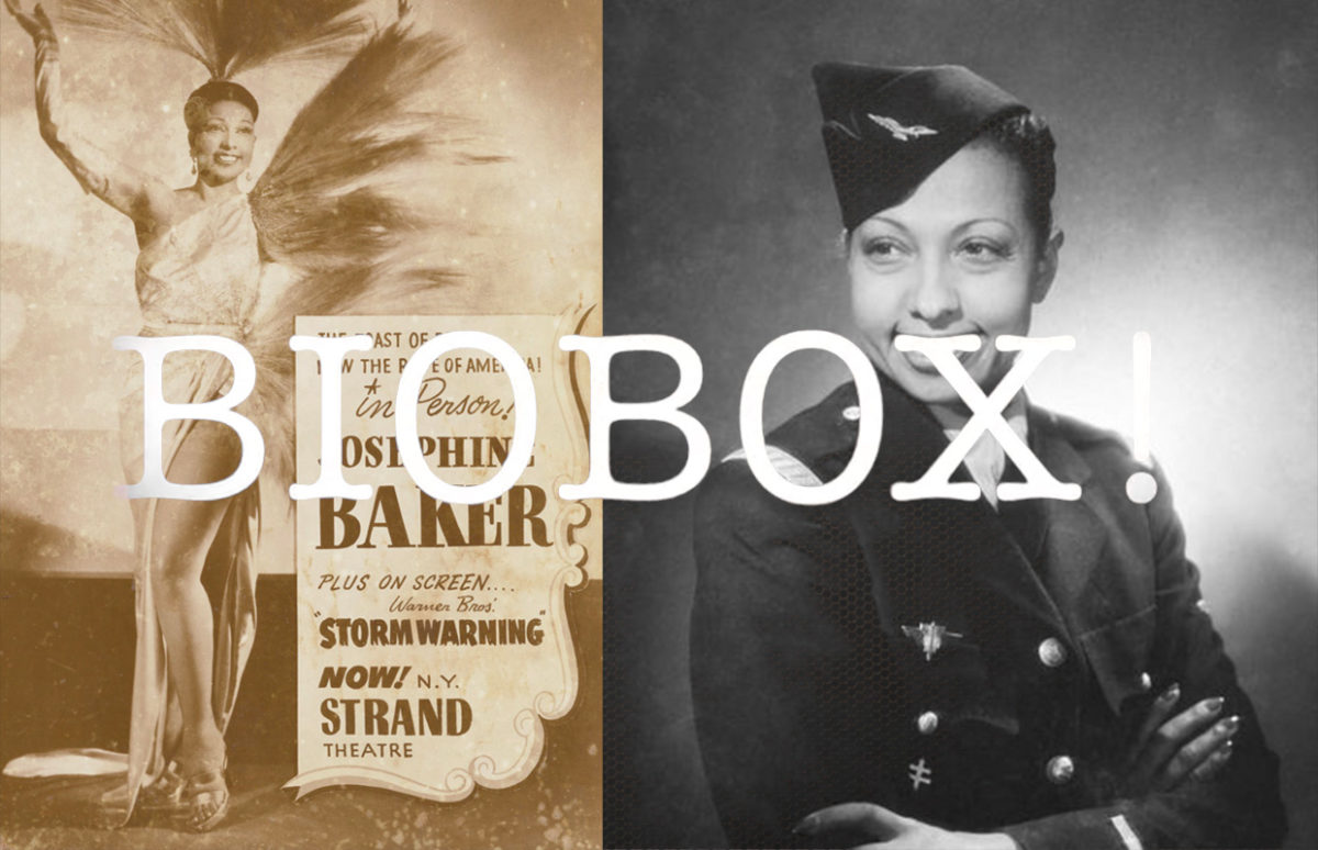 A poster for a Josephine Baker show and a photo of her in French military uniform with the word Biobox.