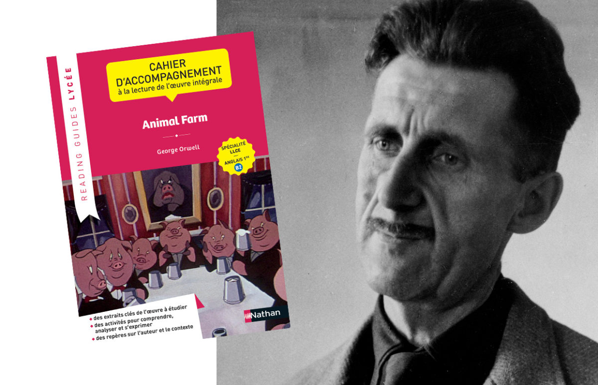 A photographic portrait of George Orwell with the cover of the Reading Guide of "Animal Farm".