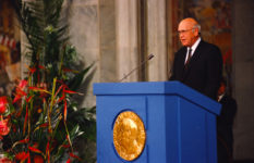 F.W. de Klerk giving his Nobel Lecture when he received the 1993 Peace Prize jointly with Nelson Mandela.