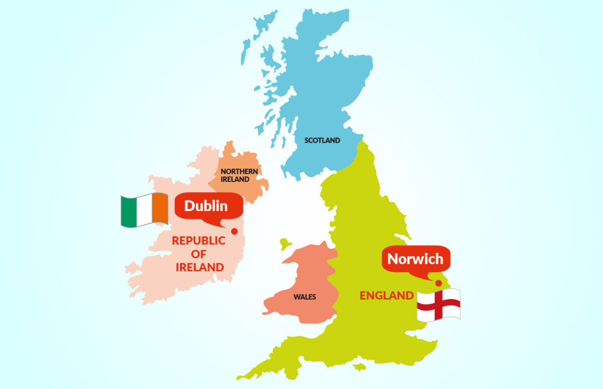 A map of the British Isles with Dublin and Norwich highlighted.