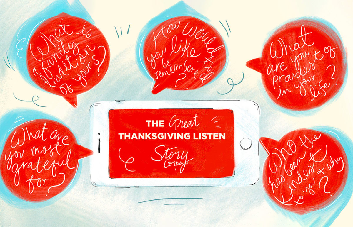 A mobile phone with the words, "The Great Thanksgiving Listen Storycorps." Speech bubbles surround it: What is a family tradition of yours? How would you like to be remembered? What are you proudest of in your life? Who has been kindest to you, and why? What are you grateful for?