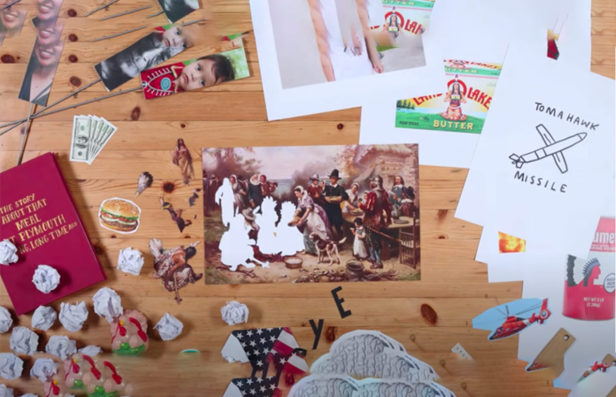 A still from the video with the Native American characters photoshopped out of the famous painting of the first Thanksgiving feast, and various images of "Indians" in popular culture.