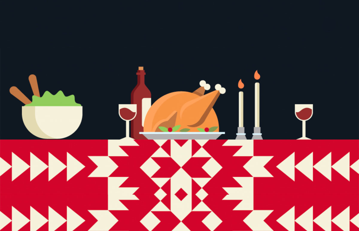 An image of turkey, salad, candles and win on a table set with a traditional Native American woven tablecloth.