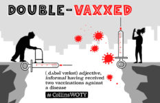 An image illustrating "double-vaxed", with a person using a walking fram advancing along a syringe, using it to bridge a gap towards a second syringe.