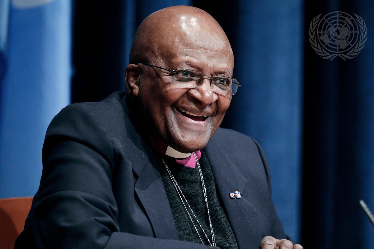 Desmond Tutu at the United Nations. in 2021, giving a press conference as Chair of the Elders group of eminent public figures.