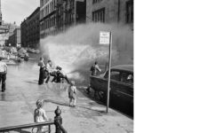 Children playing in the spray from an open fire hydrant in the street