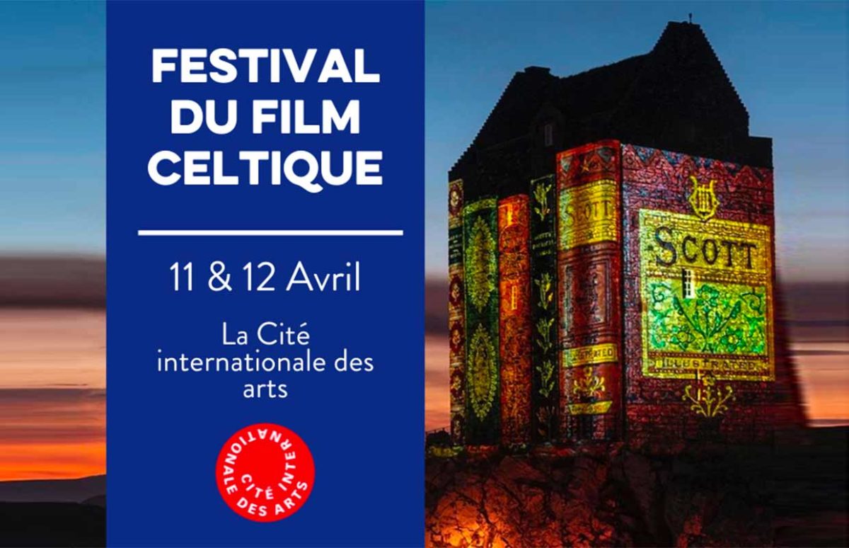 A Scottish castle with a light show showing books by Walter Scott and the text: Festival du film celtique, 11 et 12 avril 2022