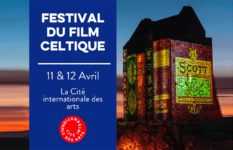 A Scottish castle with a light show showing books by Walter Scott and the text: Festival du film celtique, 11 et 12 avril 2022