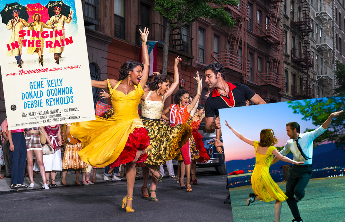 The poster for Singin' in the Rain and an image of dancing in the street in West Side Story 2021.