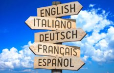 Signposts saying English, Italiano, Deutsch, Français, Espagnol