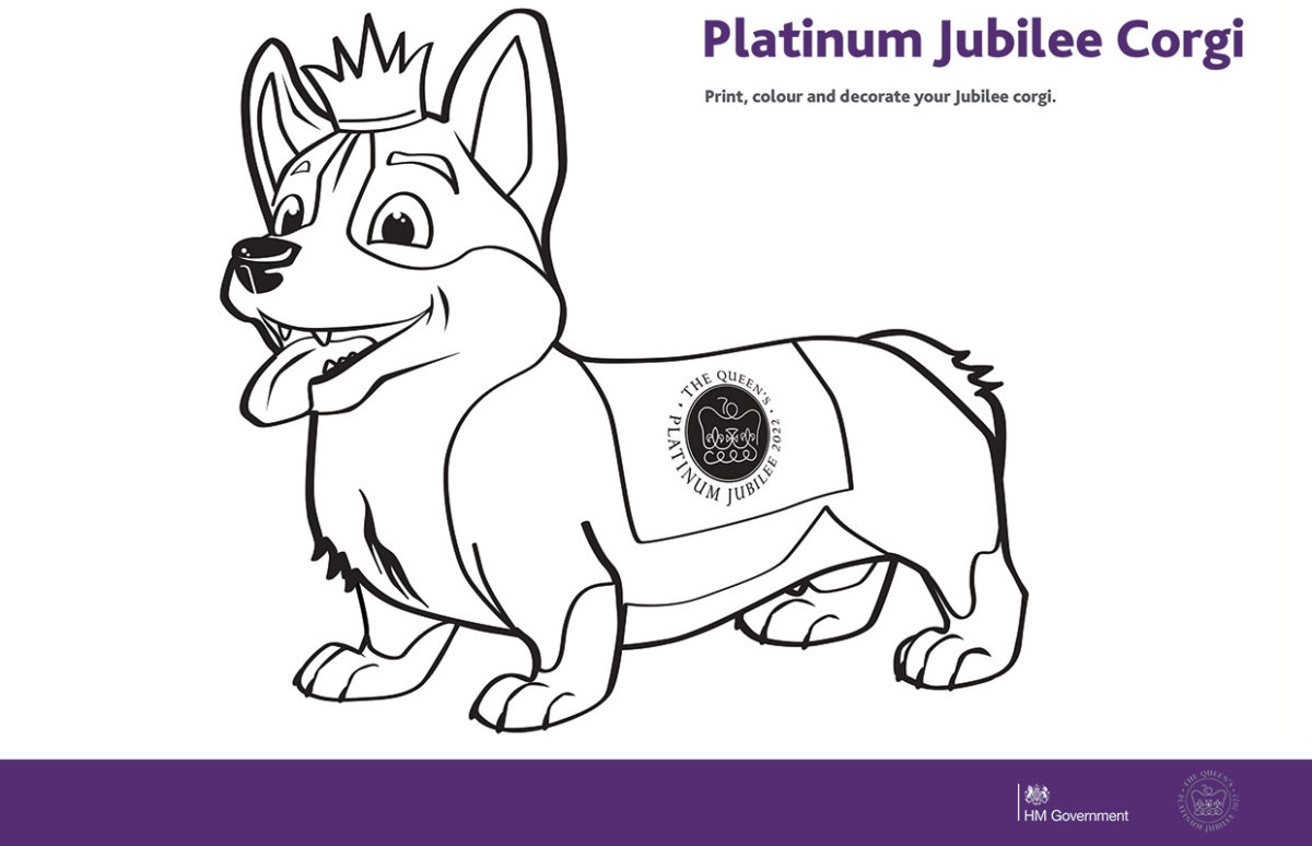 A line drawing of a corgi dog with a crown and a Queen's Platinum Jubilee logo