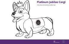 A line drawing of a corgi dog with a crown and a Queen's Platinum Jubilee logo