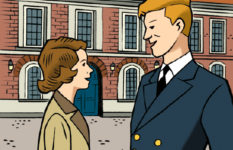 A frame from the comic strip showing Princess Elizabeth and Prince Philip meeting for the first time.