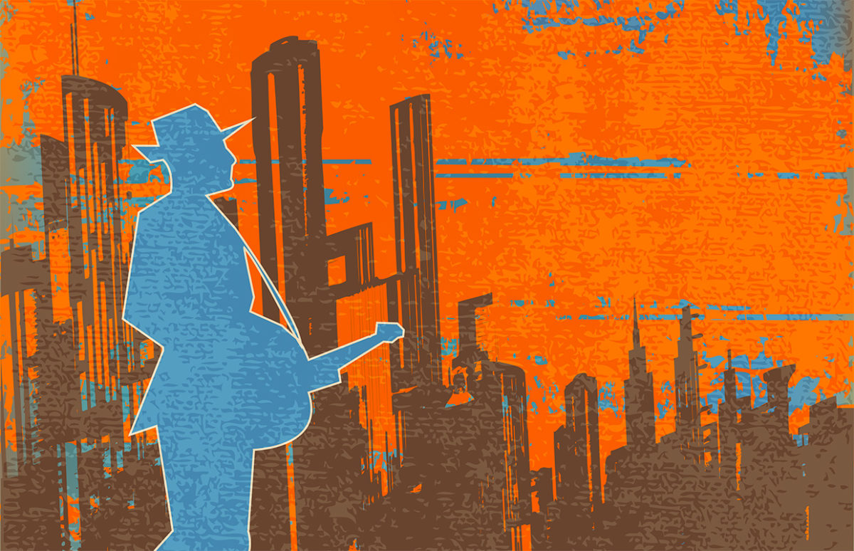 A print of a man holding a guitar against the skyline of Chicago in blues and oranges