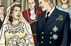 A frame from the comic strip showing Princess Elizabeth and Prince Philip getting married.