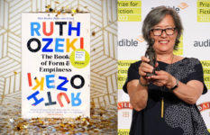Ruth Ozeki holding her trophy, with her book cover on the left.