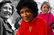 The changing faces of BBC news. Originally the preserve of white men, the broadcaster has come to reflect the nation more accurately. From left to right: Audrey Russell, the first woman war correspondent for the BBC; here in 1945, Moira Stuart, in 1982 the first woman newsreader, and Laura Kuenssberg, the first woman political editor, from 2015 to 2022.