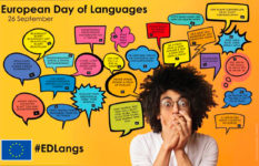 A young man covers his mouth with his hands and is surrounded by speech bubbles of expressions in different languages.